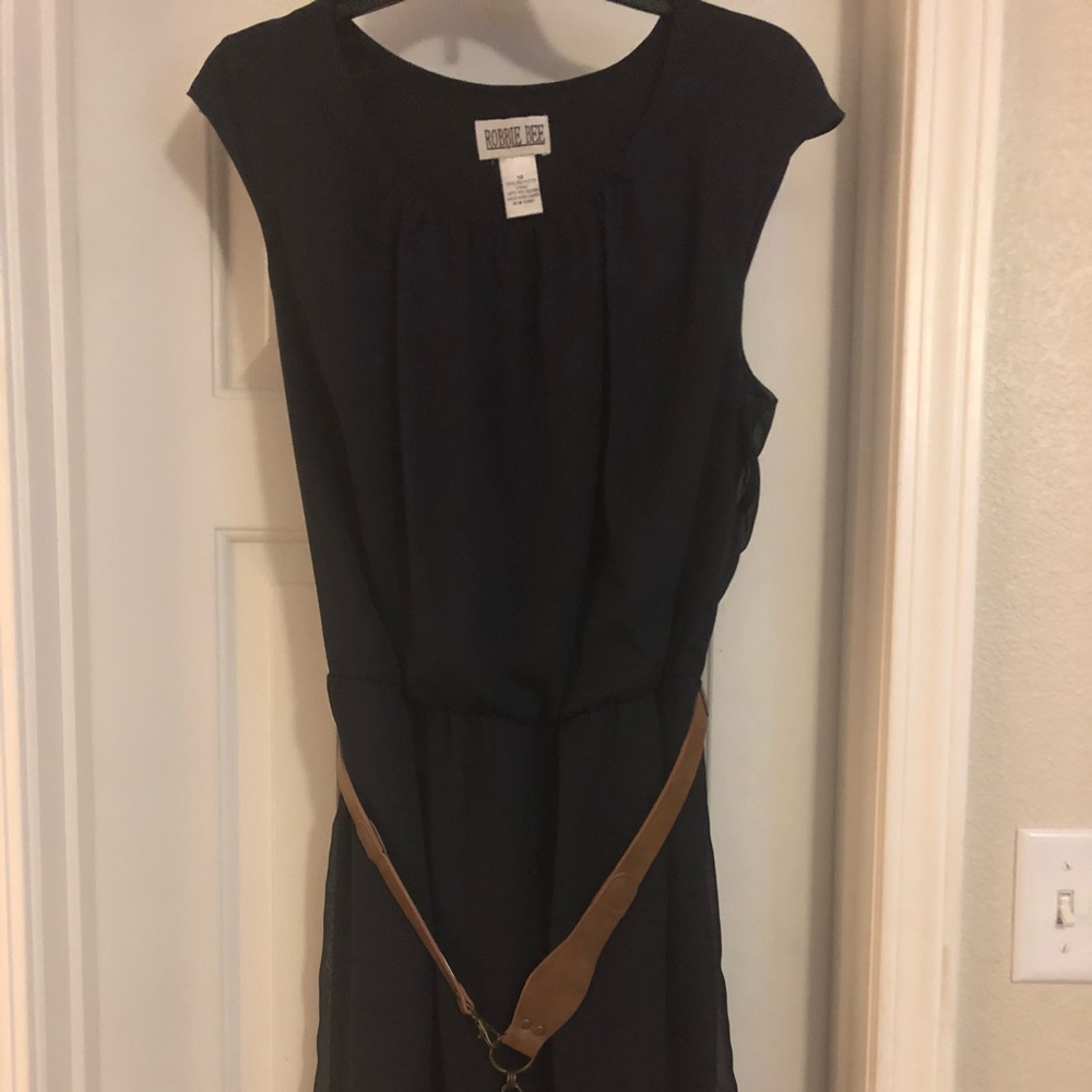Navy dress with tan belt